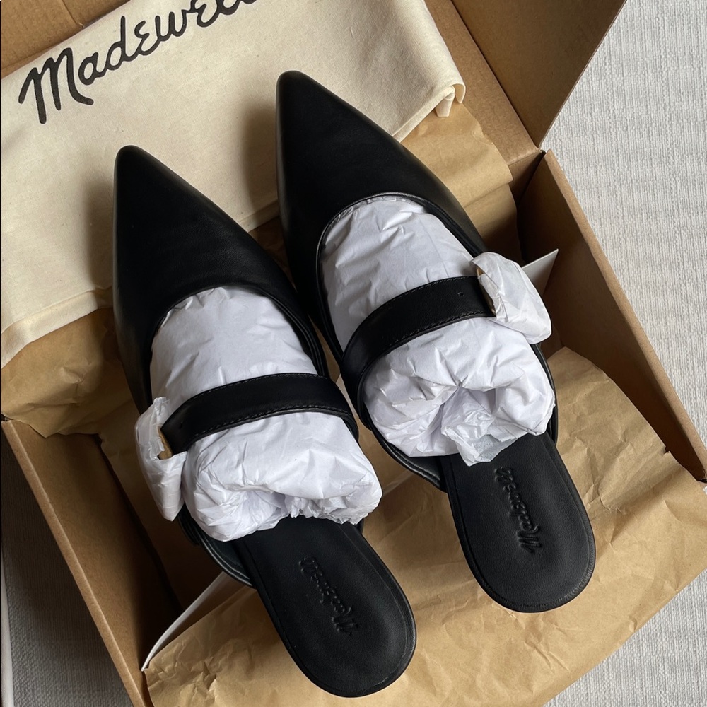 Madewell The Emilie Mule - Black Pointed-Toe Mule with Gold Buckle - size 7.5